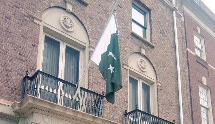 Pakistani flag, half staffed, pakistani embassy Washington D.C.