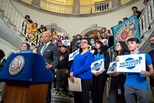 Mayor Eric Adams and New York City Department of Consumer and Worker Protection (DCWP) Commissioner Vilda Vera Mayuga announce that, effective immediately, the city’s minimum pay rate for app-based restaurant delivery workers is increasing to at least $19.56 per hour before tips. City Hall. Monday, April 1, 2024. Credit: Ed Reed/Mayoral Photography Office.