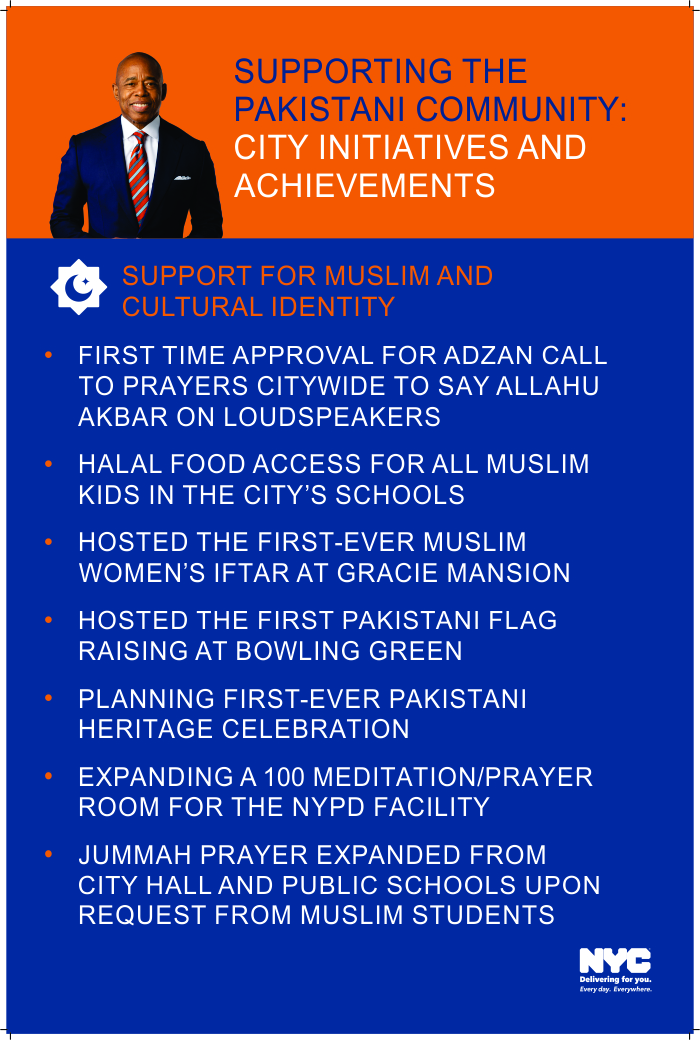 Mayor Adams administration Supporting the Pakistani community - City Initiative and achievements