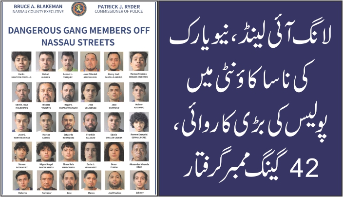 ناساکاؤنٹی میں گینگز کے خلاف بڑی کارروائی، 42 افراد گرفتار
