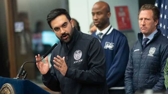 New York City Mayor Zohran Mamdani is briefed on City winter weather response plans by senior city agency officials and state partners and holds a press conference at New York City Emergency Management Department to discuss the City's preparations for the upcoming snowstorm on Friday, January 23, 2026. Michael Appleton/Mayoral Photography Office