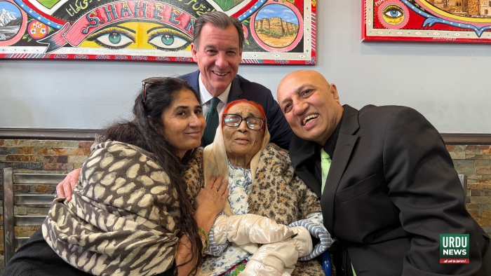 Sardar Khatoon pictured with Congressman Tom Suozzi, her son-in-law Adam Azam, and her daughter upon her arrival in the United States. (Photo: Urdu News)