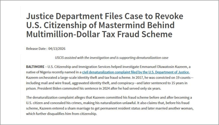 نو سال پرانا شناخت کی چوری اور ٹیکس فراڈکیس ؛ امریکی شہریت منسوخی کا مقدمہ دائر